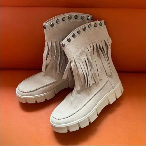 New! GEOX Ghoula Fringe Studded Suede Platform Booties in Taupe - Picture 6 of 13